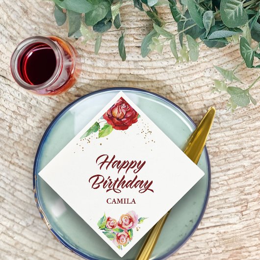 ハッピーバースデーレッド金ゴールドヴィンテージフローラバラカスタム スタンダードカクテルナプキン