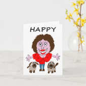 ハッピーバースデーレディと2つの子犬 カード (黄色い花)