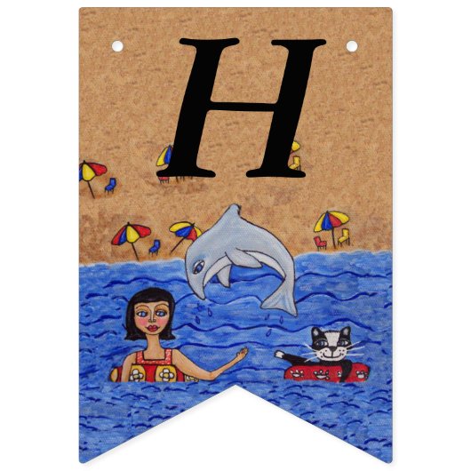 ハッピーバースデーレディーキャットスイミングイン海ビーチ バンティングフラッグ (第1の旗)