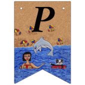 ハッピーバースデーレディーキャットスイミングイン海ビーチ バンティングフラッグ (第3の旗)