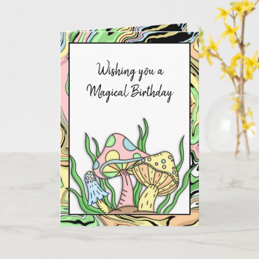 ハッピーバースデーレトロマッシュルームとカラーページ カード (黄色い花)