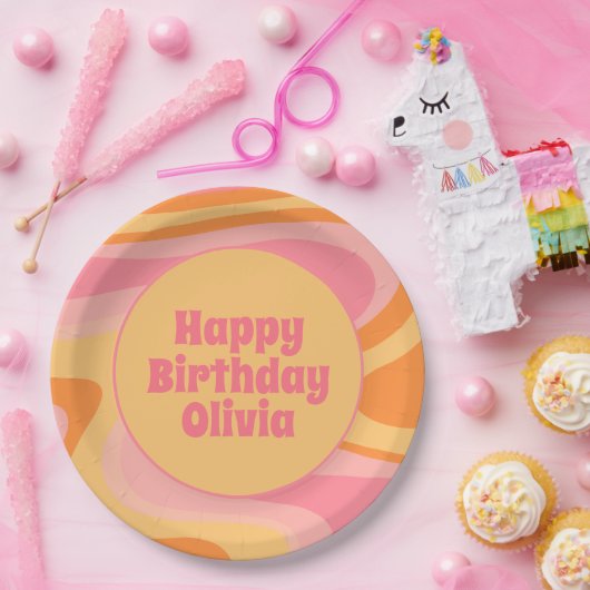 ハッピーバースデーレトロVibe抽象芸術旋回60s 70s ペーパープレート (パーティー)