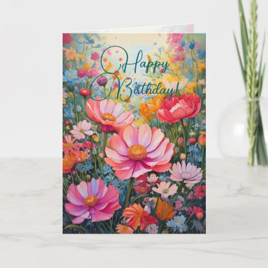 ハッピーバースデーロマンチックピンクフラワーガーデン カード (正面)