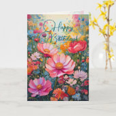 ハッピーバースデーロマンチックピンクフラワーガーデン カード (黄色い花)