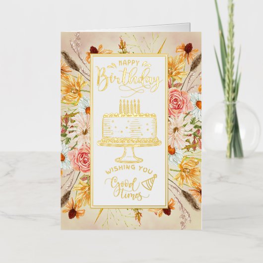 ハッピーバースデーワイルドフラワー誕生日 箔グリーティングカード (正面)