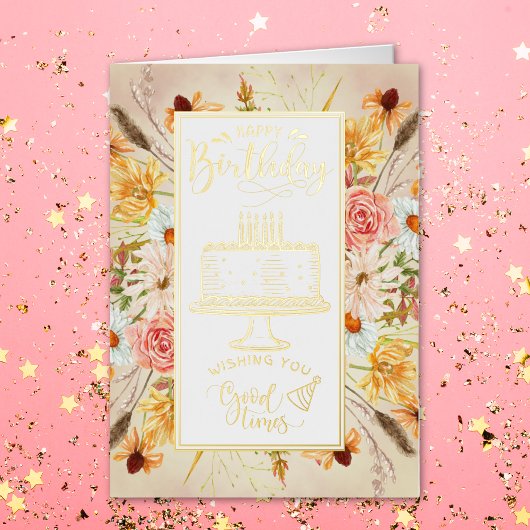 ハッピーバースデーワイルドフラワー誕生日 箔グリーティングカード