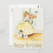 ハッピーバースデーヴィンテージガールアンドキャット ポストカード (正面/裏面)
