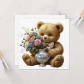 ハッピーバースデーヴィンテージテディベアと花 カード (正面/裏面インサイチュ)