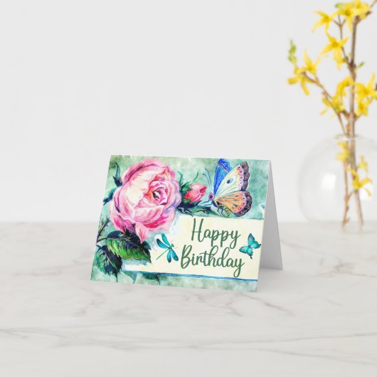 ハッピーバースデーヴィンテージバラと蝶 カード (黄色い花)
