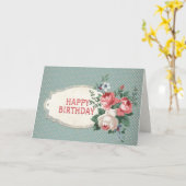 ハッピーバースデーヴィンテージバラピンクブルードットフラワー カード (黄色い花)