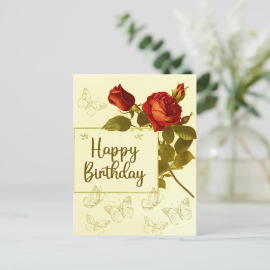 ハッピーバースデーヴィンテージレッドローズアンドバタフライ ポストカード (スタンド正面)