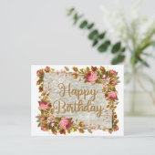 ハッピーバースデーヴィンテージ水カラーバラ ポストカード (スタンド正面)