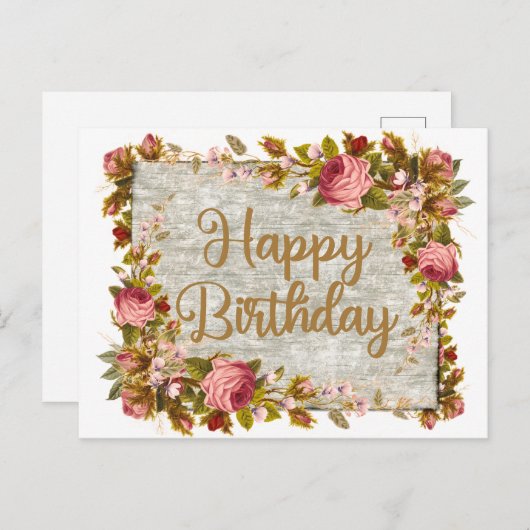 ハッピーバースデーヴィンテージ水カラーバラ ポストカード (正面/裏面)