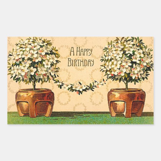 ハッピーバースデーヴィンテージ開花ポットシール 長方形シール (正面)