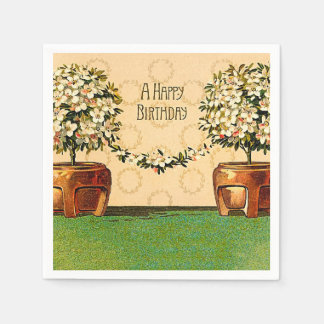 ハッピーバースデーヴィンテージ開花ポット紙ナプキン スタンダードカクテルナプキン