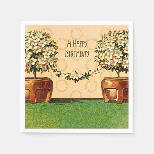ハッピーバースデーヴィンテージ開花ポット紙ナプキン スタンダードカクテルナプキン (正面)