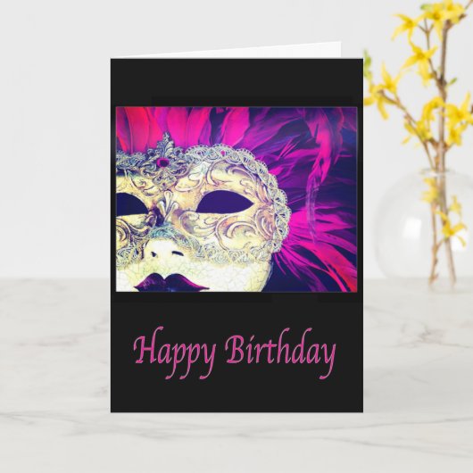 ハッピーバースデーヴェネツィアマスクの女性カード カード (黄色い花)
