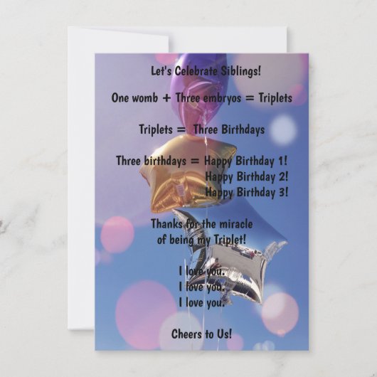 ハッピーバースデー三つ子！フラットグリーティングカード (正面)