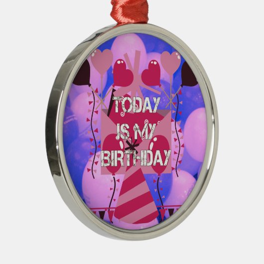 ハッピーバースデー今日は私の誕生日ブルーバルーン メタルオーナメント (右)