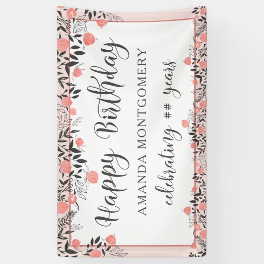 ハッピーバースデー任意の年のバラ金ゴールド赤面フローラ 横断幕 (縦)