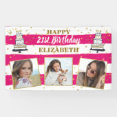 ハッピーバースデー任意の年齢フォトコラージュピンク金ゴールドドット 横断幕 (横)