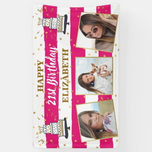 ハッピーバースデー任意の年齢フォトコラージュピンク金ゴールドドット 横断幕 (縦)