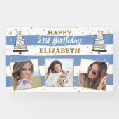 ハッピーバースデー任意の年齢写真コラージブルー金ゴールドドット 横断幕 (横)