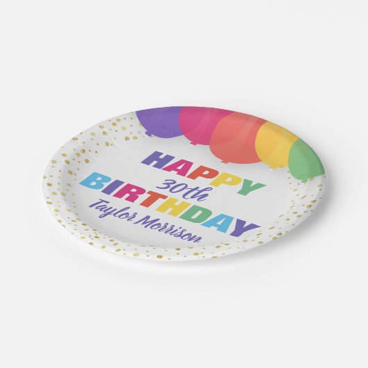 ハッピーバースデー任意の年齢名の吹きカラフル出し ペーパープレート (アングル)