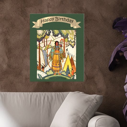 ハッピーバースデー先住民アメリカンウーマン刺繍 ポスター