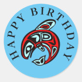 ハッピーバースデー先住民オルカアートキラークジラ ラウンドシール (正面)