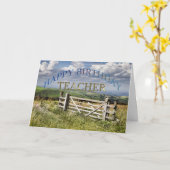 ハッピーバースデー先生、ゲート付き風景 カード (黄色い花)