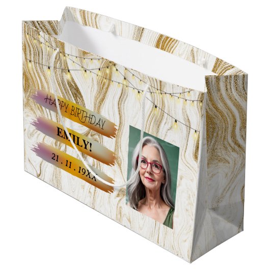 ハッピーバースデー光エレガント白黒パーティー ラージペーパーバッグ (裏面アングル)