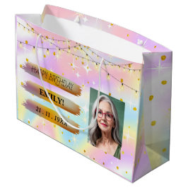 ハッピーバースデー光エレガント白黒パーティー ラージペーパーバッグ