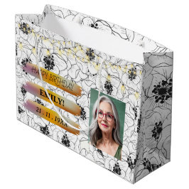 ハッピーバースデー光エレガント白黒パーティー ラージペーパーバッグ