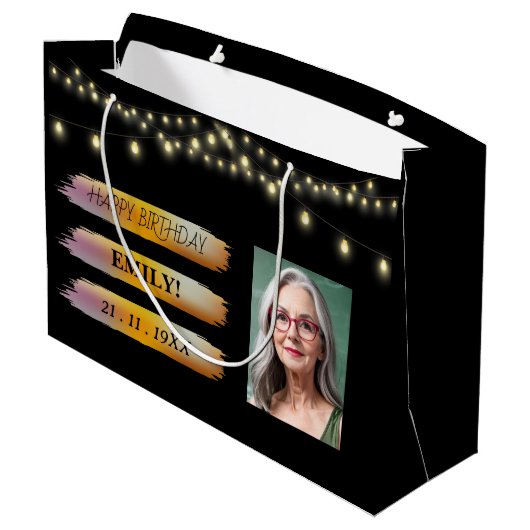 ハッピーバースデー光エレガント白黒パーティー ラージペーパーバッグ (裏面アングル)