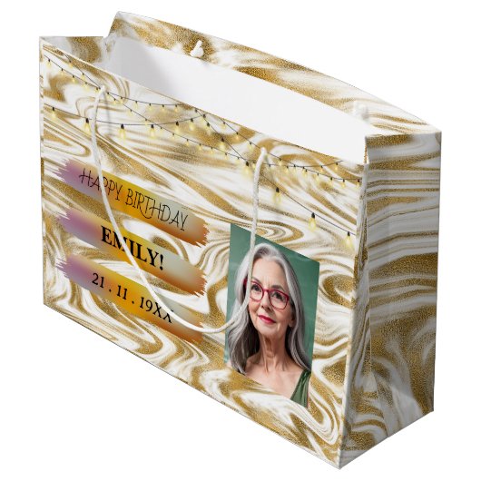 ハッピーバースデー光エレガント白黒パーティー ラージペーパーバッグ (裏面アングル)