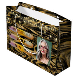 ハッピーバースデー光エレガント白黒パーティー ラージペーパーバッグ