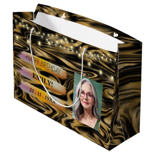 ハッピーバースデー光エレガント白黒パーティー ラージペーパーバッグ (裏面アングル)