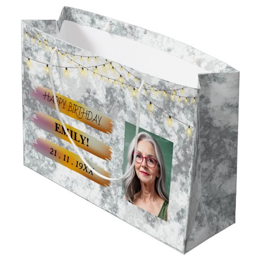ハッピーバースデー光エレガント白黒パーティー ラージペーパーバッグ (裏面アングル)