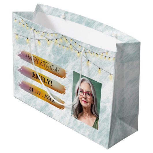 ハッピーバースデー光エレガント白黒パーティー ラージペーパーバッグ (裏面アングル)