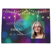 ハッピーバースデー写真エレガント黒ピンクパーティー ラージペーパーバッグ (正面)