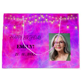 ハッピーバースデー写真エレガント黒ピンクパーティー ラージペーパーバッグ (正面)