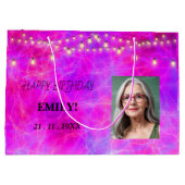 ハッピーバースデー写真エレガント黒ピンクパーティー ラージペーパーバッグ (裏面)