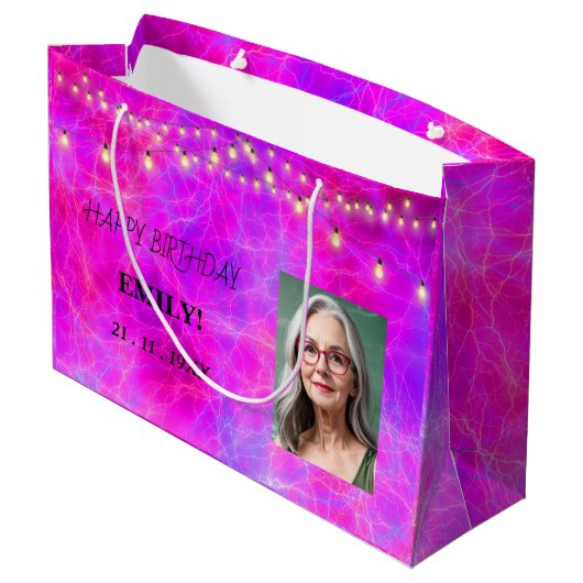 ハッピーバースデー写真エレガント黒ピンクパーティー ラージペーパーバッグ (裏面アングル)