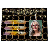 ハッピーバースデー写真エレガント黒ピンクパーティー ラージペーパーバッグ (正面)