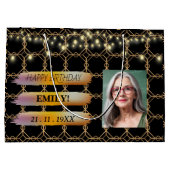 ハッピーバースデー写真エレガント黒ピンクパーティー ラージペーパーバッグ (裏面)