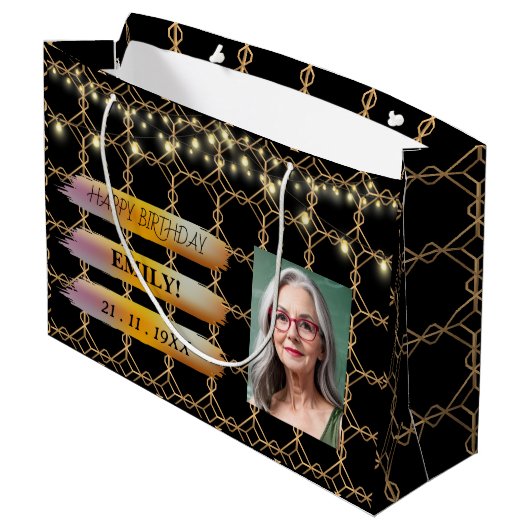 ハッピーバースデー写真エレガント黒ピンクパーティー ラージペーパーバッグ (裏面アングル)