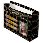 ハッピーバースデー写真エレガント黒ピンクパーティー ラージペーパーバッグ (正面アングル)