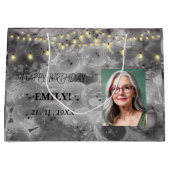 ハッピーバースデー写真エレガント黒ピンクパーティー ラージペーパーバッグ (正面)