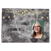 ハッピーバースデー写真エレガント黒ピンクパーティー ラージペーパーバッグ (裏面)